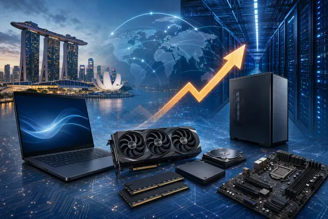AI-generated editorial illustration accompanying an article about rising PC component prices in Singapore