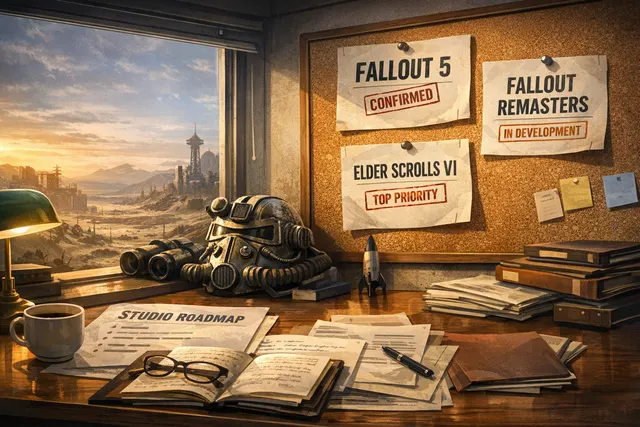 Futuristic digital composite of Fallout and Elder Scrolls imagery with a roadmap overlay, representing Bethesda's 2026 studio announcement.