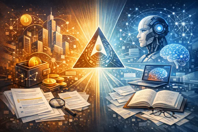 Digital illustration of a network connecting AI agents to a blockchain infrastructure, representing the convergence of artificial intelligence and cryptocurrency in Agentic Finance