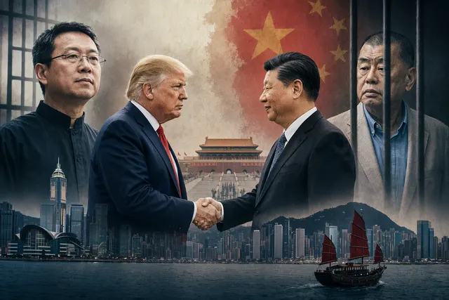 Editorial illustration representing Trump discussing the cases of pastor Jin Mingri and Hong Kong publisher Jimmy Lai with Xi Jinping