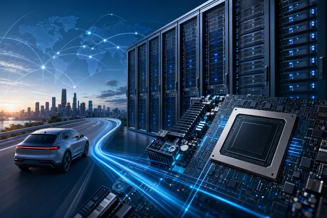 Illustration representing Qualcomm chips and optical connections inside an AI data center