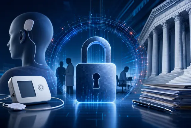 Illustration representing cybersecurity and patient data protection at a healthcare technology company