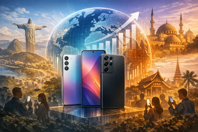 Samsung Galaxy smartphones arranged on a map of emerging market regions including Latin America, the Middle East, and Southeast Asia.