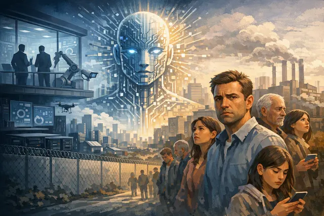 Illustration representing public concern, distrust, and unequal benefits surrounding artificial intelligence