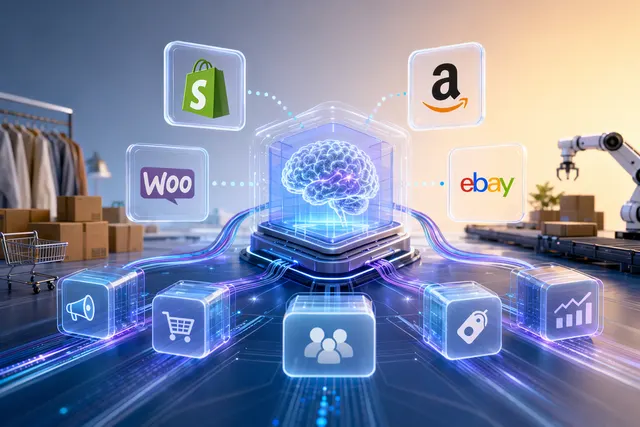 Concept illustration of an AI system managing multiple e‑commerce platforms with autonomous agents analyzing data and executing tasks