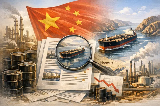 Aerial view of a large oil tanker navigating the Strait of Hormuz with a map of oil import routes to China in the background