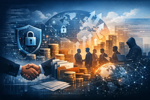 Abstract visualization of interconnected digital nodes and security shields representing the cybersecurity M&A landscape and AI agent security in May 2026.