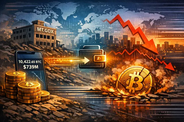 Digital illustration of a fractured Bitcoin symbol with on-chain data streams, representing the Mt. Gox $739 million transfer.