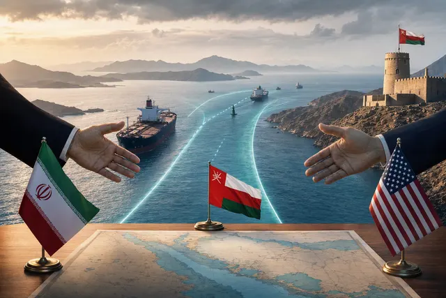 AI-generated editorial illustration accompanying coverage of Strait of Hormuz shipping talks