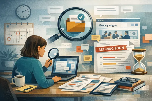 Outlook calendar meeting interface with Meeting Insights panel and Copilot integration illustration
