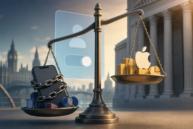 Editorial illustration representing Apple app tracking and competition concerns