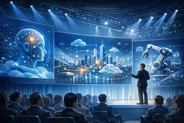 Tencent's chief AI scientist Yao Shunyu and senior executive Tang Daosheng on stage at the 2026 AI conference in Beijing