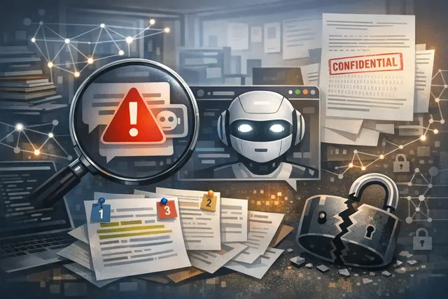 Abstract representation of a security vulnerability in an AI Slack integration, showing a chat interface with a prompt injection attack.