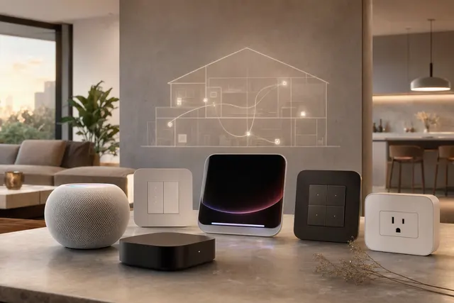 Illustration representing Apple Home Collection smart-home cameras, climate controls and connected home devices