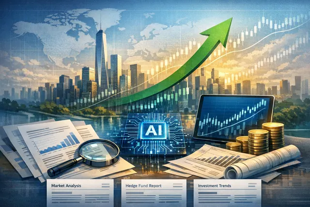Abstract financial data visualization showing upward trending charts and AI circuit board patterns, representing hedge fund industry record growth driven by artificial intelligence