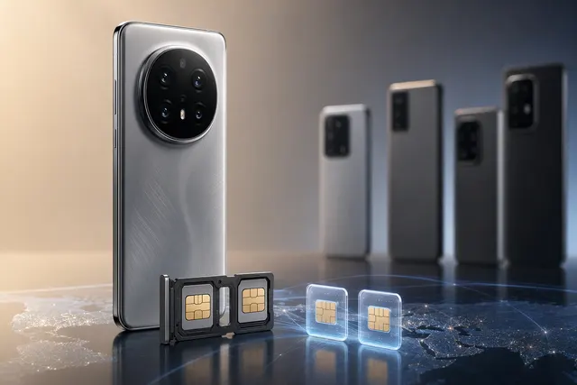 Editorial illustration of the Honor Magic9 Pro Max, highlighting its four-profile SIM setup and camera-focused design