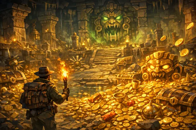 Fantasy roguelite hero surrounded by gold in a cursed temple