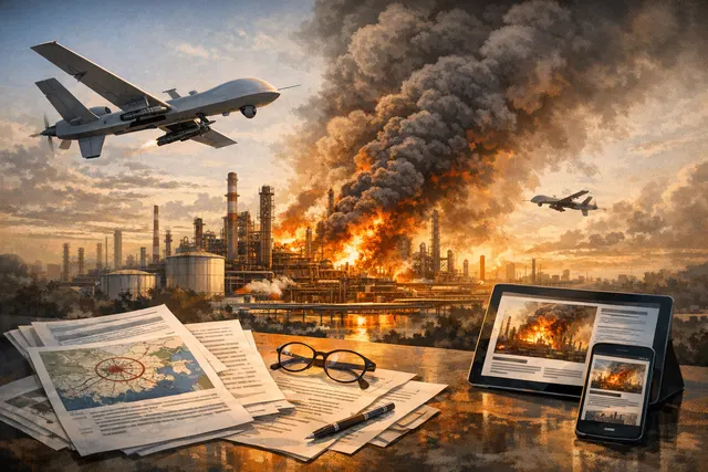 AI-generated conceptual image of a large oil refinery facility with smoke rising against a dark sky, representing the June 2026 Ukrainian drone strikes on the Moscow Oil Refinery.
