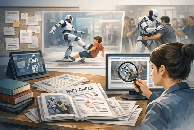 An AI-generated illustration of a humanoid robot in a public space, representing the safety risks of dynamically stable robots