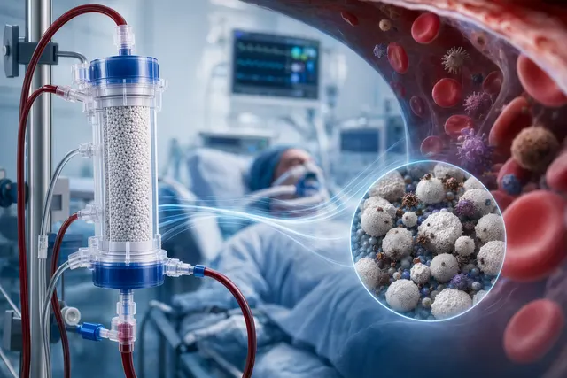 Illustration of extracorporeal blood purification using a hemoadsorption cartridge for sepsis treatment