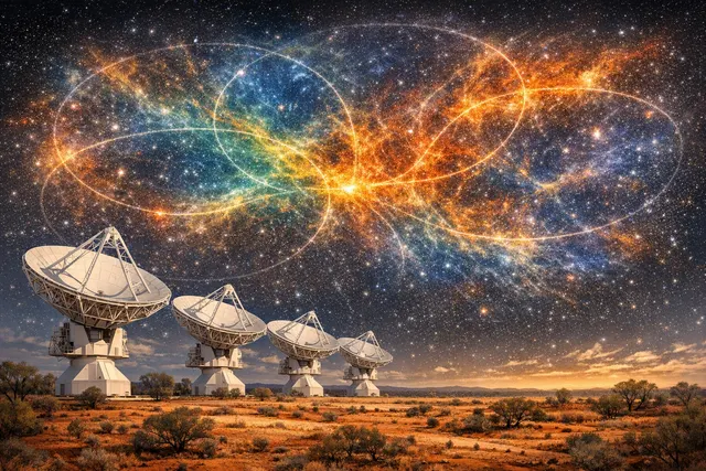 A deep-field visualization of the SPICE-RACS Faraday rotation measure grid, showing filamentary magnetic structures extending across the galactic poles in hues of orange, blue, and