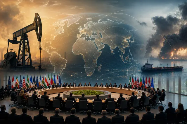 Editorial illustration of the global economic impact of Gulf energy disruption and the G20 meeting