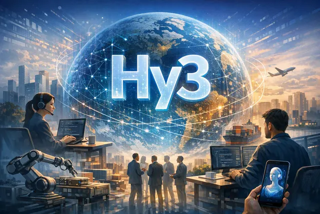 Editorial illustration of Tencent Hy3 expanding globally across workplace agents, creative tools, APIs, and cloud platforms