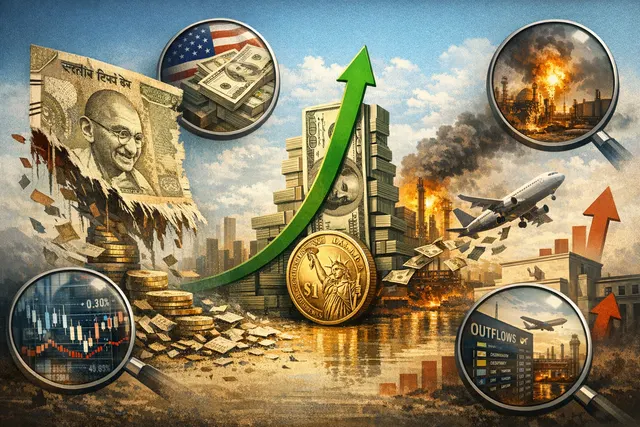 A visual representation of the Indian rupee and South Korean won depreciating against the US dollar, with exchange rate charts and a prominent US Dollar Index line rising upward.