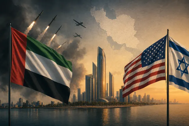 Editorial illustration representing missile and drone threats over the UAE and its U.S.-Israel security ties.