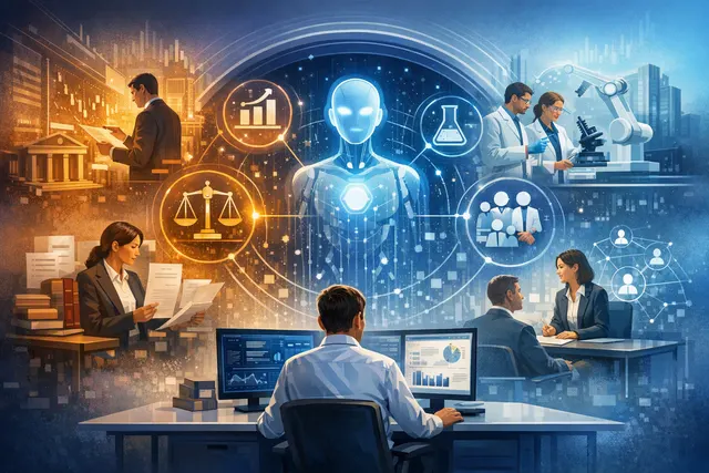 Illustration of an AI agent coordinating specialized finance, legal, research, development, and HR workflows