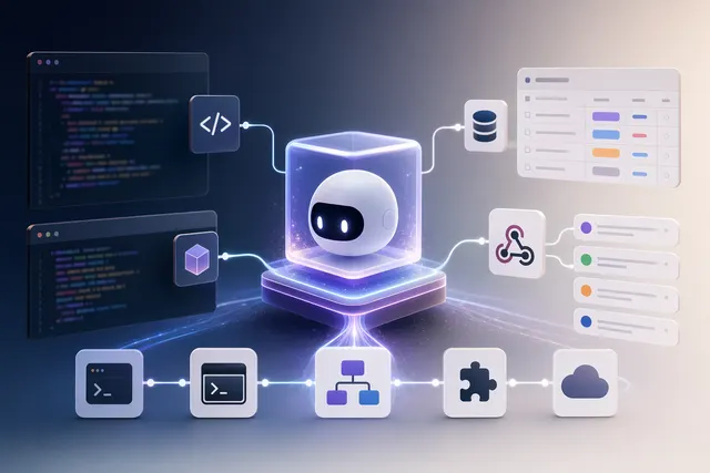 Concept illustration of AI agents and automation workflows operating inside a Notion workspace