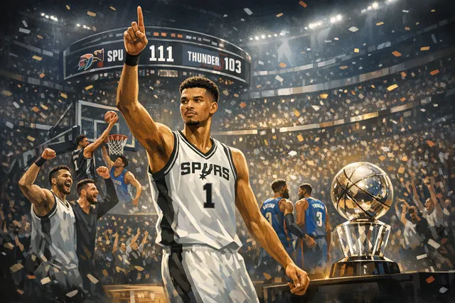 Victor Wembanyama celebrating with the Western Conference Finals MVP trophy after the Spurs' Game 7 victory.