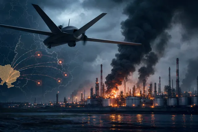 Illustration of long-range drone strikes targeting industrial and energy facilities deep inside Russia