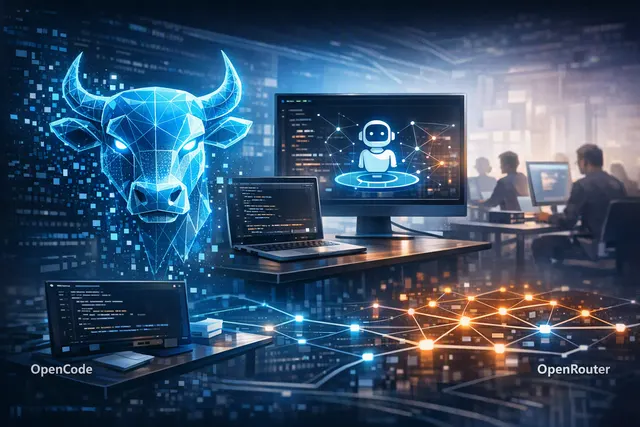 Abstract editorial illustration of the anonymous Ox Alpha AI model connecting OpenCode and OpenRouter