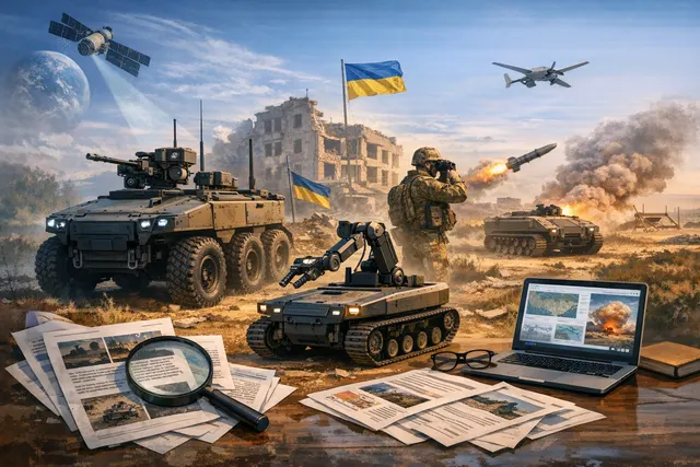 AI-generated image depicting multiple unmanned ground vehicles (UGVs) on a battlefield with drones overhead, symbolizing Ukraine's robotic warfare transformation in 2026.