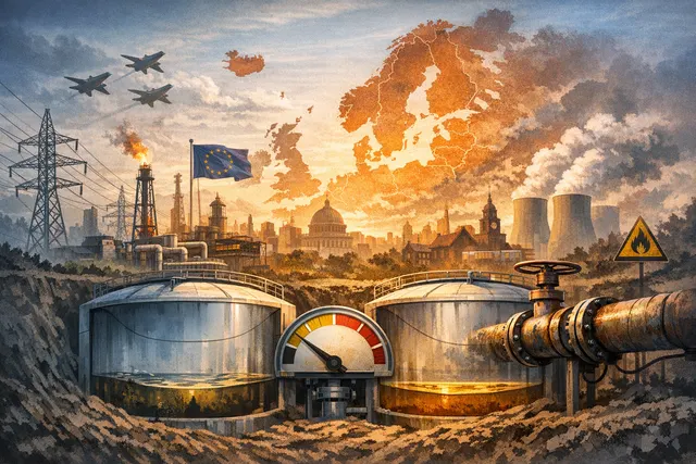 A dimly lit view of an industrial gas storage facility, symbolizing Europe's low gas reserves and energy crisis ahead of winter 2026/27.