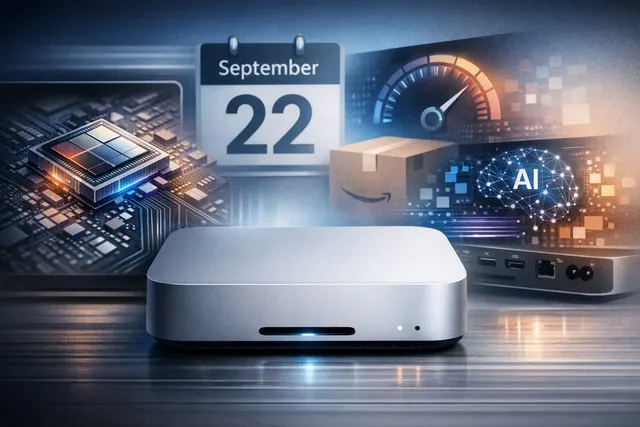 Apple M6 Mac mini beside an abstract 2-nanometer chip graphic