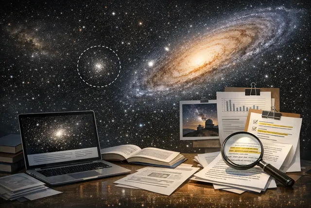 An artist's impression of a dark, star-speckled region of space highlighting an extremely faint, diffuse ultra-faint dwarf galaxy near the larger Andromeda Galaxy.