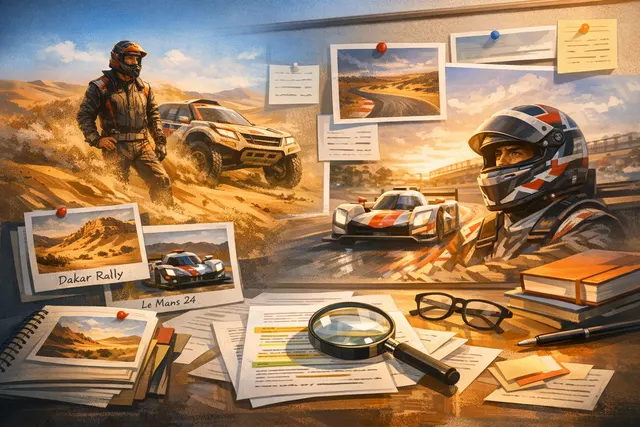 AI-generated image of Fernando Alonso looking toward a desert horizon, symbolizing his post-F1 Dakar ambitions.