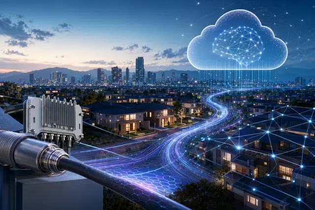 Illustration of AI analytics monitoring a cable broadband network infrastructure