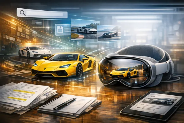 AI-generated concept image of a Lamborghini supercar floating in a living room, representing the spatial computing showroom experience on Apple Vision Pro.