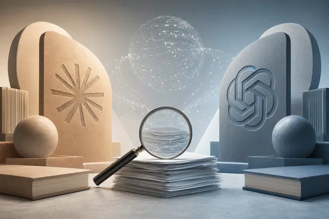 Editorial illustration comparing Claude Opus 4.7 and GPT-5.5 Spud research provenance features