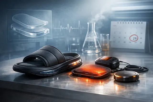 Nike Air Zoom Hyperslide recovery slide with a magnetic heat-and-vibration pod in the adjustable strap