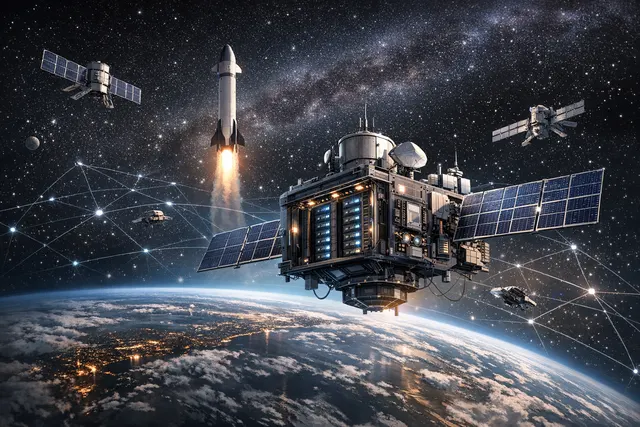 AI-generated illustration of orbital satellites functioning as data centers in space, with Earth in the background