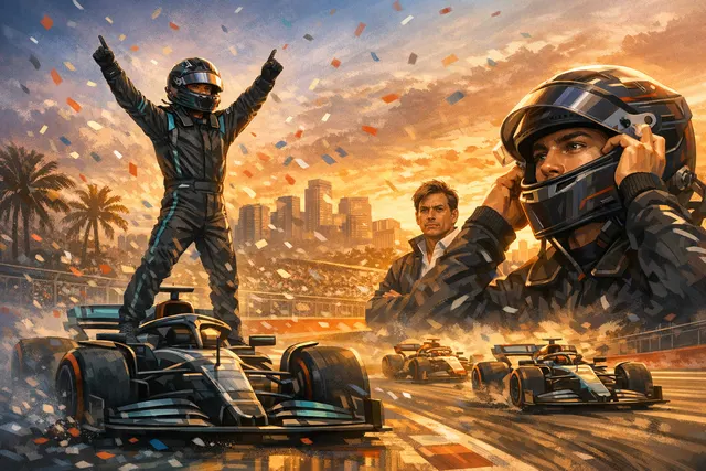 Editorial illustration of Kimi Antonelli’s Miami Grand Prix win shifting the Mercedes title battle with George Russell