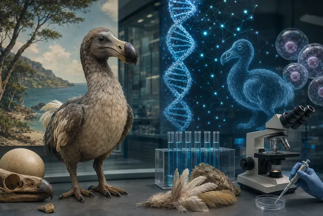 AI-generated editorial illustration representing Colossal Biosciences’ GenoMorph research into dodo-like traits.