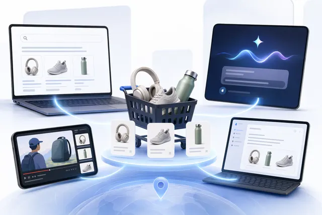 Concept illustration of Google Universal Cart connecting Search, Gemini, YouTube, and Gmail for AI‑powered shopping