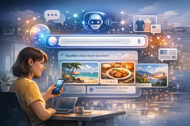 Concept image of Facebook's new AI Mode search interface showing a natural-language query and synthesized answer generated from public platform posts, with Muse Spark branding