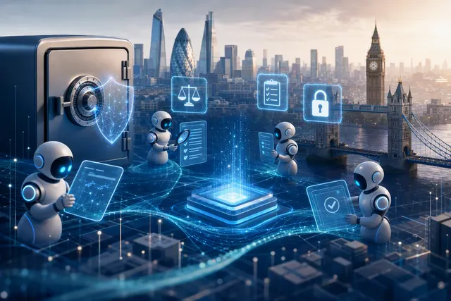 Editorial illustration of AI agents continuously assessing security, compliance and risk evidence across connected business systems