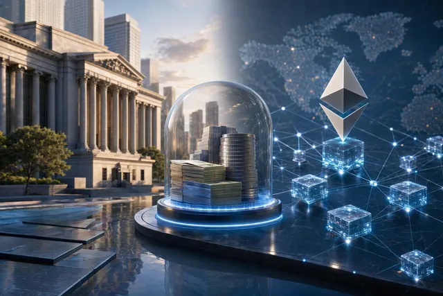 Editorial illustration representing tokenized money market funds operating across Ethereum and Solana
